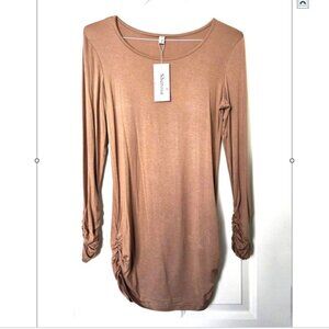 Sherosa Long Sleeve Tan Tunic with Ruched Sides